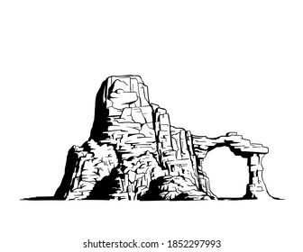 A black and white drawing of a tall rock formation with a natural arch.  