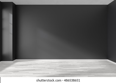 Black and white empty room with white hardwood parquet floor, black walls and sunlight from window on the wall minimalist interior, 3d illustration
