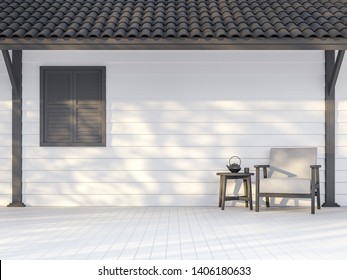 Black and white exterior wall 3d render,There are white wood plank wall,darkgray window, poles and roof ,Decorate with white fabric chair,Sunlight shining to the wall with tree shadow.