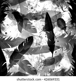 black and white falling feathers seamless pattern. white background