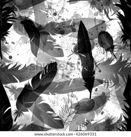 black and white falling feathers seamless pattern. white background