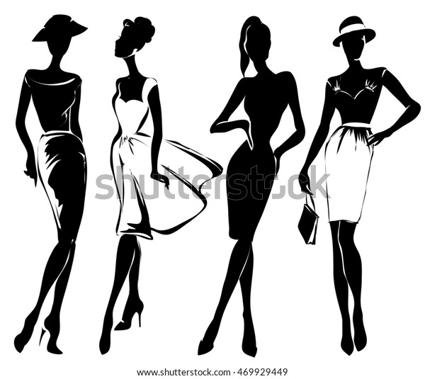 Black White Fashion Woman Models Sketch Stock Illustration 469929449