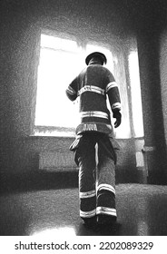 Black And White Of Fireman In Building