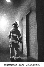 Black And White Of Fireman In Building