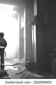 Black And White Of Fireman In Building