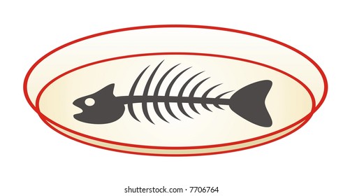 Black And White Fish Skeleton  On Plate After Food