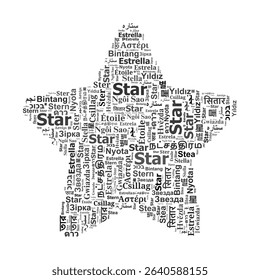 A black and white five-pointed star shape formed by the word "Star" written in various languages and fonts, isolated on a solid white background.