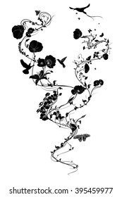 black and white floral pattern with birds