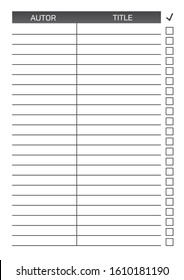 Black And White Form For Reading Planner Page. Reading List. Strings For The Title And Author Of The Book. Checklist With Boxes To Mark Books That Have Been Read. Suitable For Printing. Annual Goals