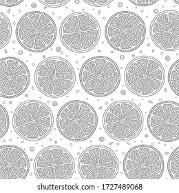Black and white fruit seamless pattern with geometric lemons for coloring books, pages. 