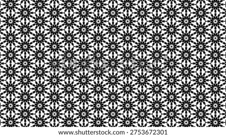 Black and white geometric pattern repeats across the entire frame. Symmetrical stars form a dense, rhythmic visual texture