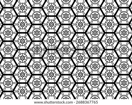 A black and white geometric pattern that combines a hexagonal line with a flower in the center. Inspired by the ancient Japanese Kikkō pattern, suitable for minimalist fabrics or designs that emphasiz