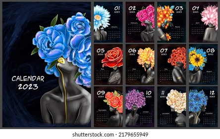 Black And White Girl With Color Beautiful Flowers In Her Head. Hand Drawn Digital Illustration. Calendar 2023