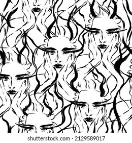 Black And White Girl Portrait In Repeat. Line Work. Seamless Pattern