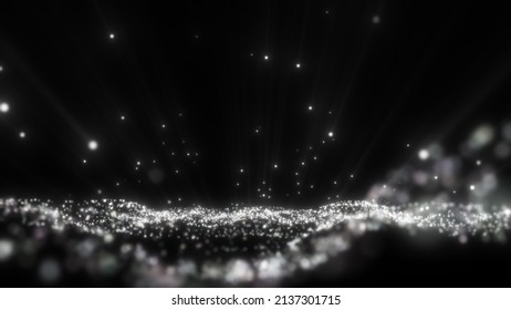 Black And White Glitter Light Particles And Shine Light Ray Beam Abstract Black Isolated Background Flickering Particles With Bokeh Effect. 3D Rendering.