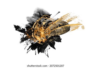 Black, White And Gold Abstract Color Smear Acrylic And Watercolor Blot Painting. Canvas Texture Background. Isolated On White. 