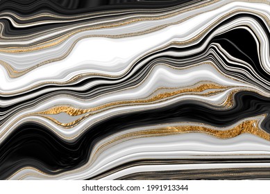 Black And White Gold Veined Marble Texture. Abstract Agate Ripple Background.