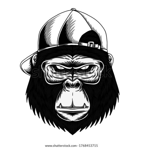 帽子をかぶった白黒のゴリラ 白黒の霊長類 白黒の猿 帽子をかぶった猿 怒った黒と白のゴリラ マスコットのロゴ のイラスト素材