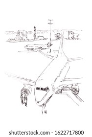 Black White Graphic Drawing Airplane Airport Stock Illustration ...