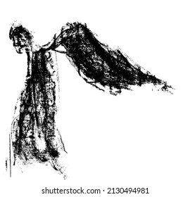 Black   white graphic illustration  fallen angel   Spirit and wings  Illustration for poetry  for texts  Picture for decoration  drawn and charcoal  A simple solution to the figure  profile 