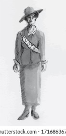 A Black And White And Gray Image Of A Suffragette Wearing A 