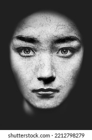 Black And White Gritty Close-up Portrait Of Imaginary Young Woman With Lot Of Fine Cracks, Cracks Of Life, 3D Illustration