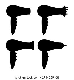 Black and white hairdryer silhouette set. Beauty salon tool. Hairdresser equipment illustration for icon, stamp, label, certificate, brochure, leaflet, poster, coupon or banner decoration - Powered by Shutterstock