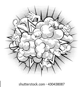 A Black And White Half-tone Shaded Comic Book Or Cartoon Dust Cloud Fight