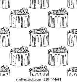 Black And White Hand Drawn Birthday Cake Seamless Pattern For Party Decoration And Wrapping Paper