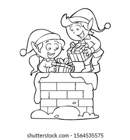 Black And White Hand Drawn Illustration Of Cute Christmas Character. Christmas Characters In Bright Colors. Image Of Elves Putting Presents Through Chimney On Roof With Snow. Children's Coloring Pages