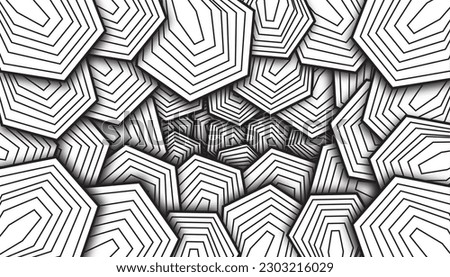 Black and White  Hexagon Pattern Doodle Art Eye Illusion Background 3d. 3D design can be used as a presentation background, illustration book and poster background