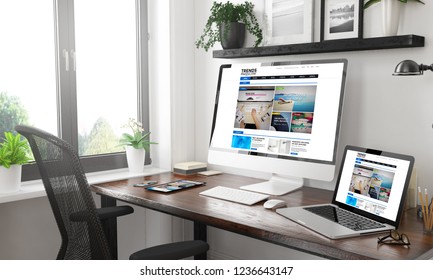 black and white home office with responsive devices  e-magazine 3d rendering