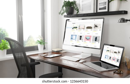 black and white home office with responsive devices 3d rendering