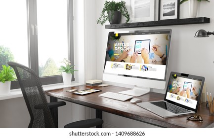 black and white home office with responsive ux design website3d rendering