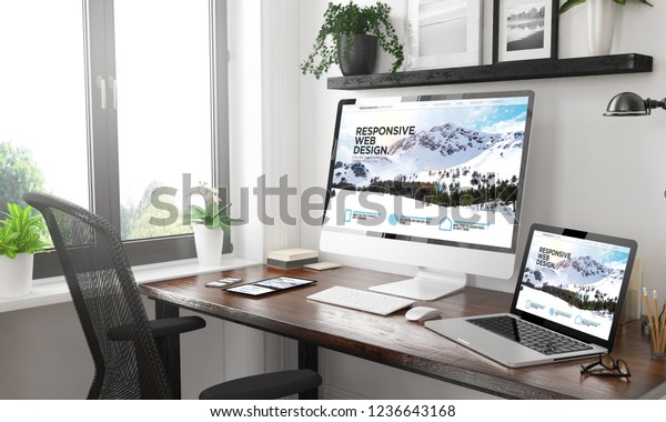black and white home office with responsive devices mountain website3d rendering