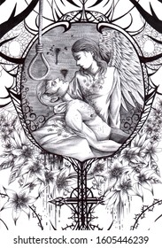 Black   white illustration an angel protecting suffering man  and complicate frame and flowers