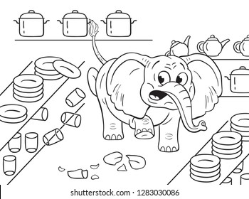 Black And White Illustration Of A Cartoon Clumsy Elephant In A China Shop