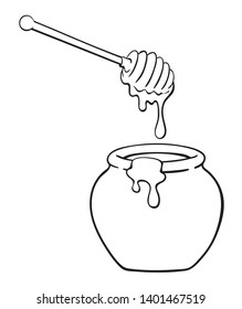 Black And White Illustration Of Cartoon  Pot Of Honey With Dipper