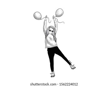 Black And White Illustration Of Cool Kid Having Fun And Letting Loose Holding A White Balloon