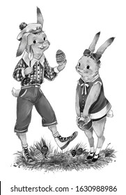 Black   white illustration cute rabbit boy   girl who are painting Easter eggs   are wearing 1930s styled children clothing