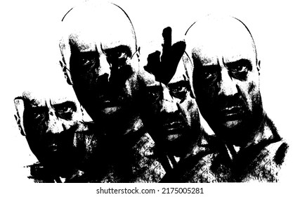 Black And White Illustration With Demultiplied Man's Face, Rebellious And Belligerent Man With Black Eyes, Protester And Revolutionary With Middle Finger Symbol, Bad Boy Concept