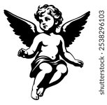 Black and white illustration depicting an angel. Logo illustration featuring a little boy with wings. Design of a cute beautiful flying baby. Cupid.