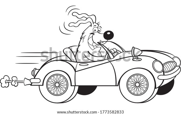 Black and white illustration of a dog\
driving a convertible sports car with wire\
wheels.