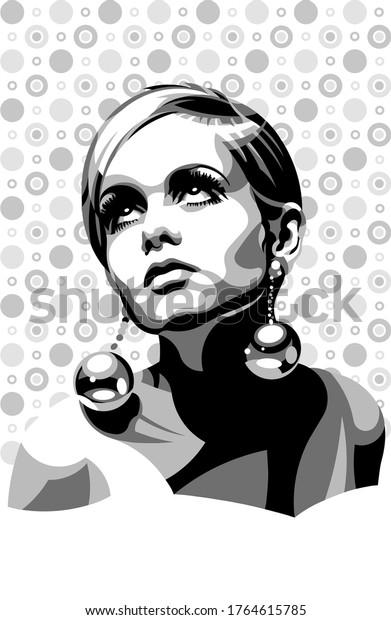 Black and white illustration of an English model\
Twiggy. Retro\
style