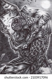 Black And White Illustration Of A Giant Fish-like Monster Hugging A Monolith