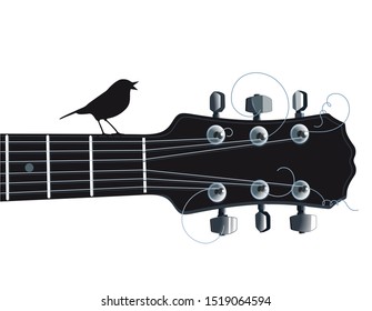 Black And White Illustration Of A Guitar With A Songbird - Illustration