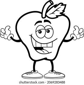 Black and white illustration of a happy smiling apple giving double thumbs up.