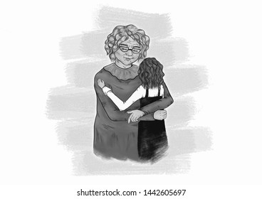 Black And White Illustration Of The Little Girl And Her Grandma Hugging And Smiling. Simply Illustration Of A Book Characters.