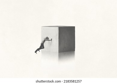 Black And White Illustration Of Little Man Pushing Heavy Big Solid Cubic Shaped Rock, Abstract Minimal Concept