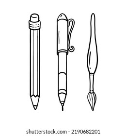 Black And White Illustration Of A Pencil, Pen And Brush. Writing Objects Are Made Linear, Only The Outline